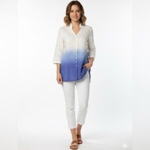 WITTEVEEN 100% Linen Hombre Long Sleeve Tunic Split Vee Roll Tab Sleeves Sz 12